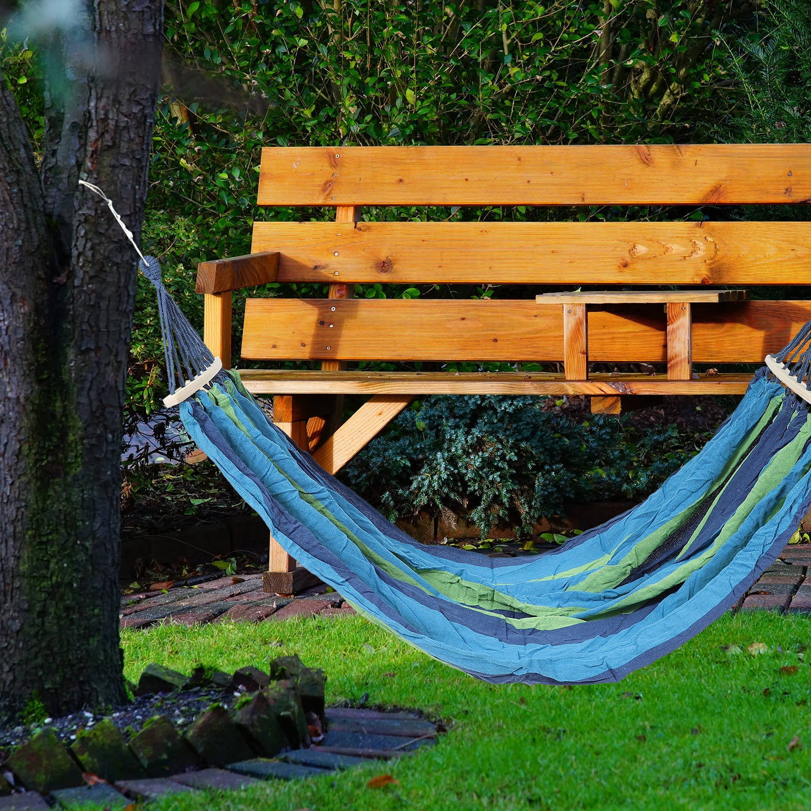 LULULION Outdoor Big Hammock Curved Portable Bamboo Blue for Friends and Family Camping 1Pcs