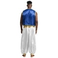 thumbnail image 2 of Aislor Mens Arabian Prince Costume Outfit Satin Waistcoat And Harem Pants Loose Bloomers Set for Halloween Festival Royal Blue&White 4XL, 2 of 7