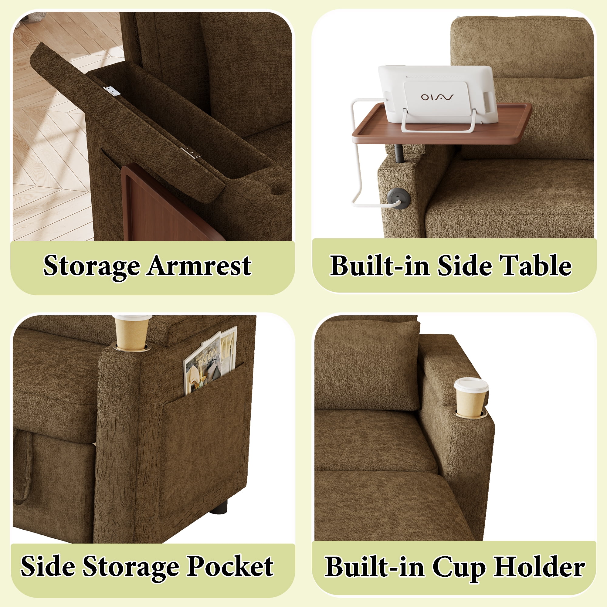 83" 3-in-1 Chenille Foldable Sofa Bed with Electric Chair,USB Ports,Table Board,Storage Armrests & Adjustable Backrest,3-Seater Sleeper,khaki