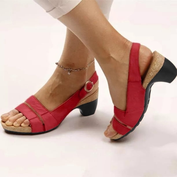 Zapatos de verano para mujer, sandalias de mujer con hebilla de Metal y tacón medio grueso con boca de pescado Wmkox8yii nm8731