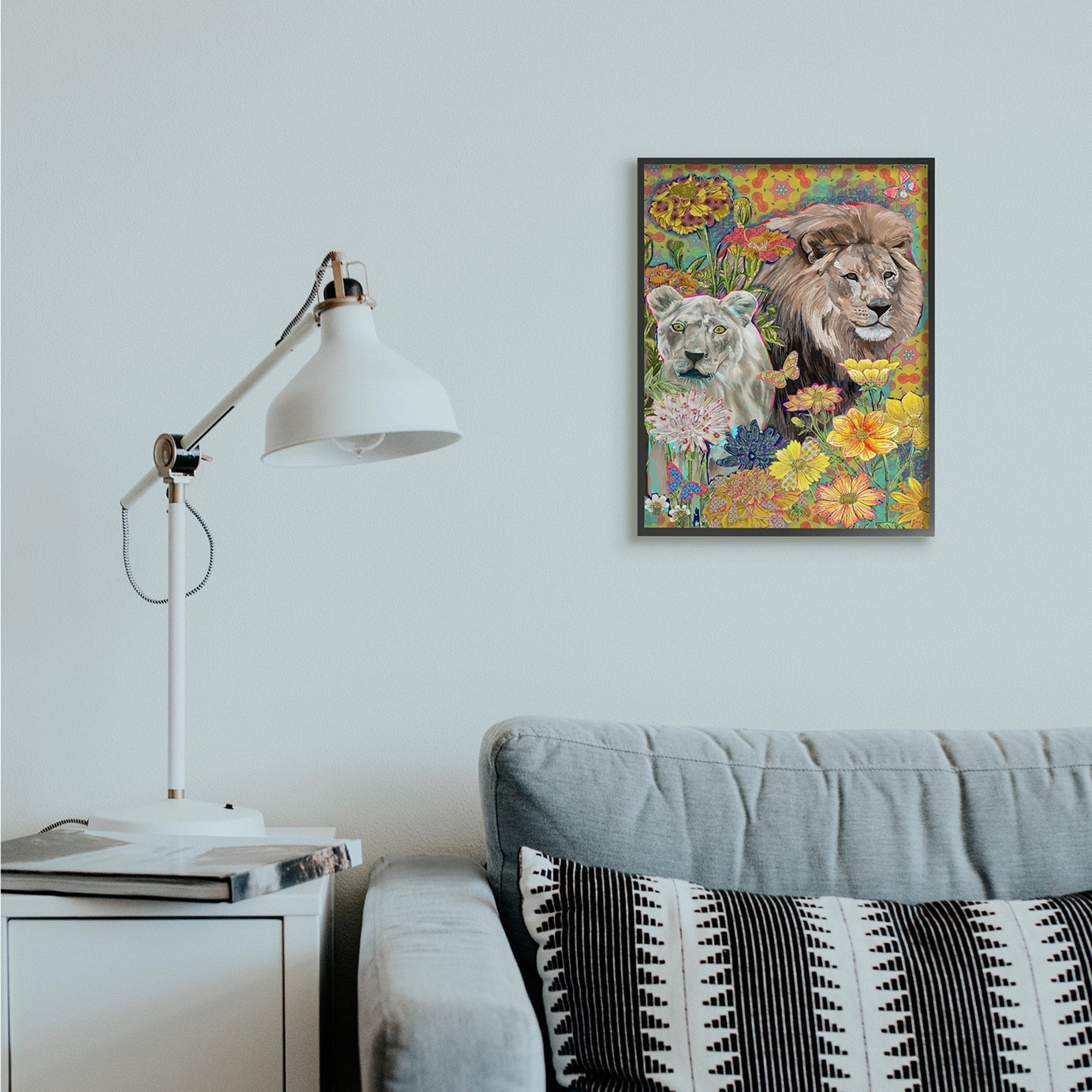 Stupell Industries Lion Couple Behind Tropical Florals Arabesque Pattern Black Framed, 16 x 20, Design by Sangita Bachelet