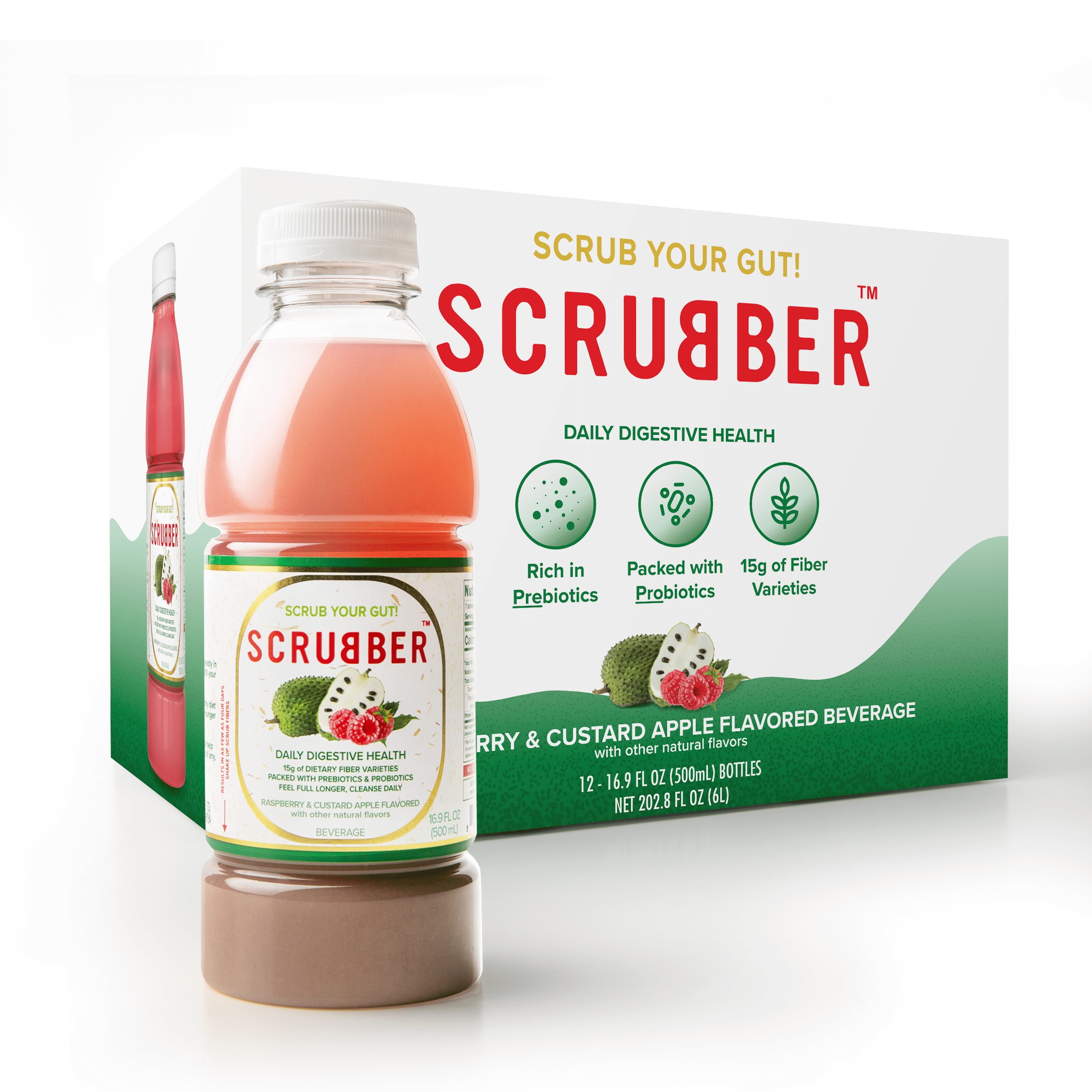 Scrubber Fiber-Infused Fruit Juice w/ Probiotics + Prebiotics for Daily Digestive Health, Immune Support, Regularity & Weight. 16.9 OZ Natural Beverage, Raspberry & Custard Apple, 12-Pack