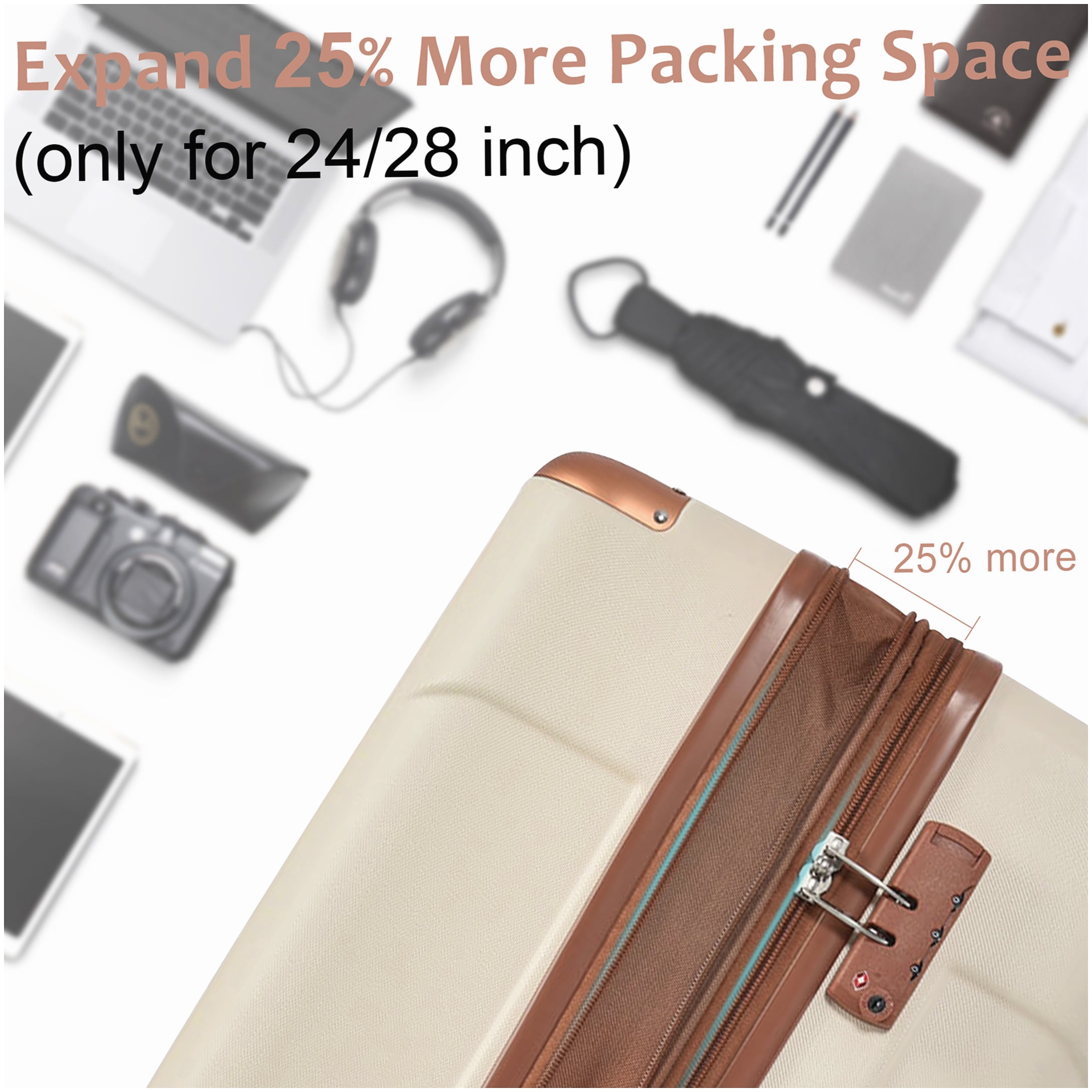 28" Hardshell Check-in Suitcase, Expandable TSA Lock Luggage with 4 Double Wheels, Lightweight ABS, Brown and White