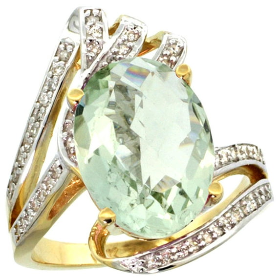 14k Yellow Gold Stone Natural Green Amethyst Bypass Ring Diamond Accents Oval 14x10mm, size 10