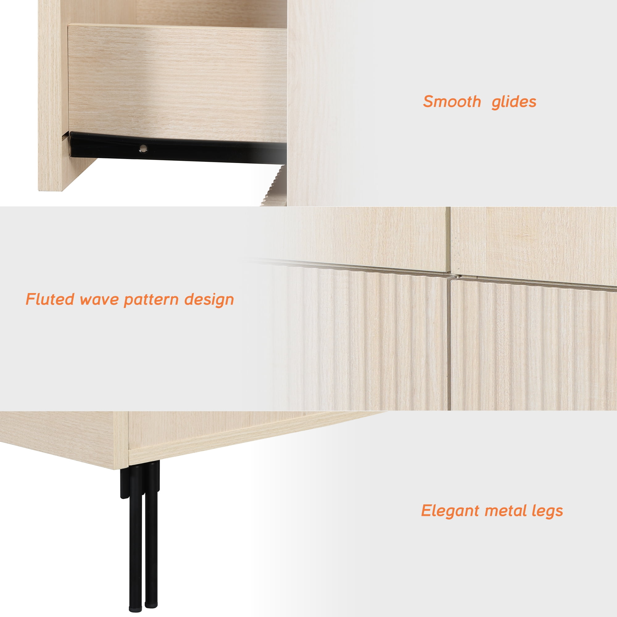 94.5" Reeded Accent Cabinet Set with 6 Doors and Drawers, Modern Credenza Storage Cabinet with Metal Legs for Living Room, Entryway, Hallway