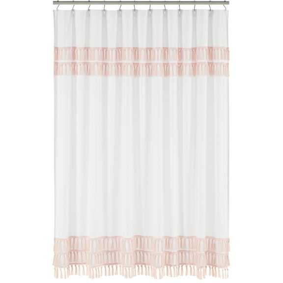 Boho Fringe White and Pink Single Shower Curtain by Sweet Jojo Designs