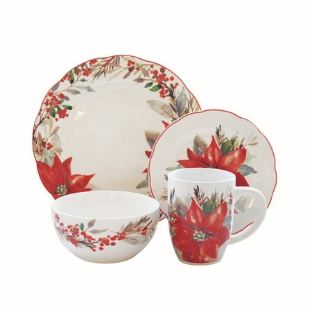 American Atelier, Round, White with Red Poinsettia Porcelain Dinnerware Set, 16-Piece