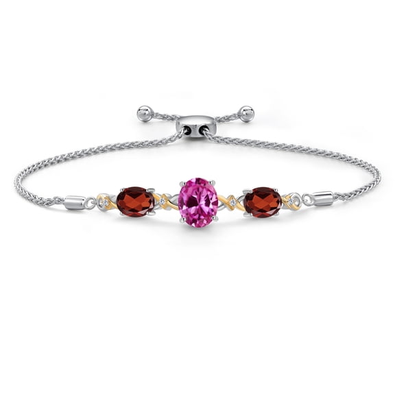 925 Silver & 10K Yellow Gold Pink Created Sapphire Red Garnet & Lab Grown Diamond Bracelet for Women | 6.31 Cttw | Gemstone September Birthstone | Oval 10X8MM and 8X6MM | Fully Adjustable 9 inch