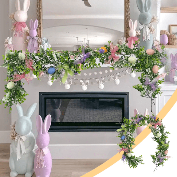 Artificial Easter with Flowers & Eggs Garland Hanging Spring Garland for Mantle, Rustic Pastel Long Easter Garland String for Holiday Parties Window Home Decor Party Easter