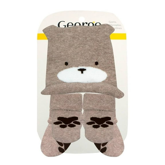 Conjunto George Niño 0 M Oso Café Gorrito, 1 Manoplas y 1 Par de Tines