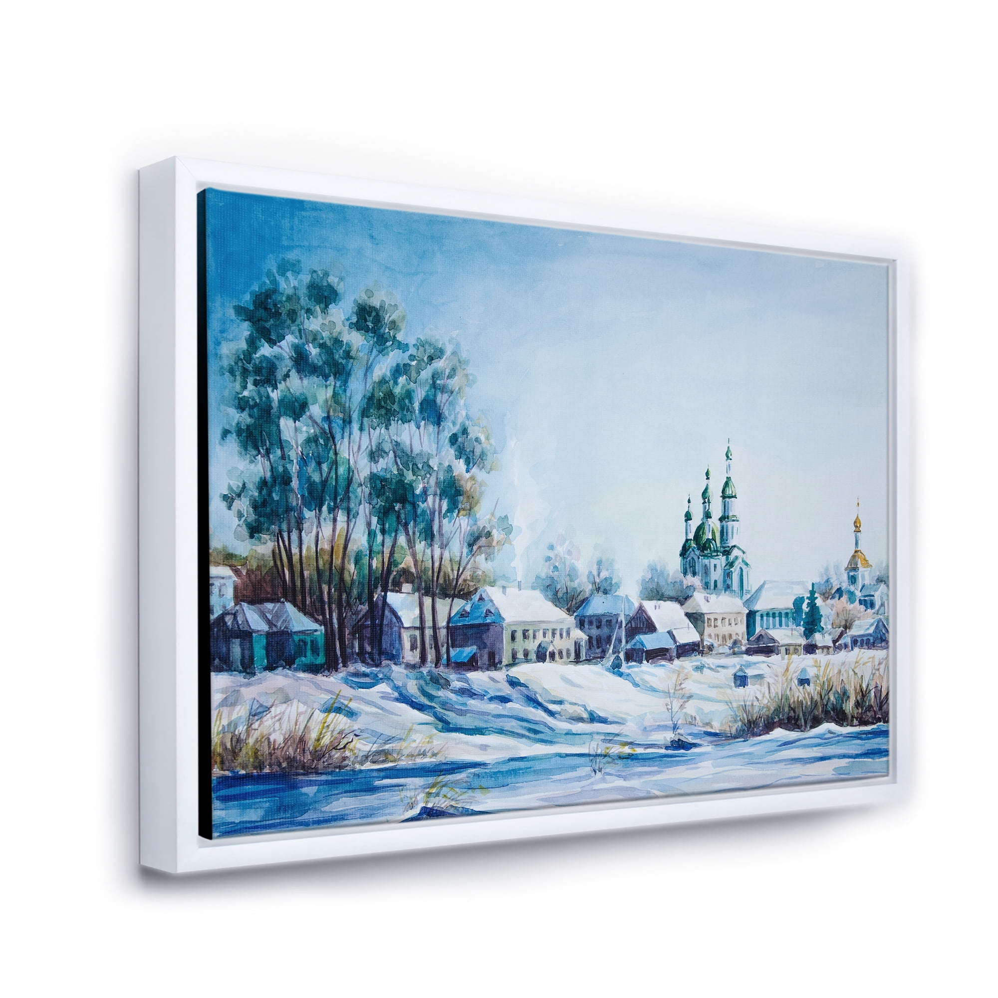 Designart 'Small Town Covered In Snow In Winter Times' Traditional Framed Canvas Wall Art Print