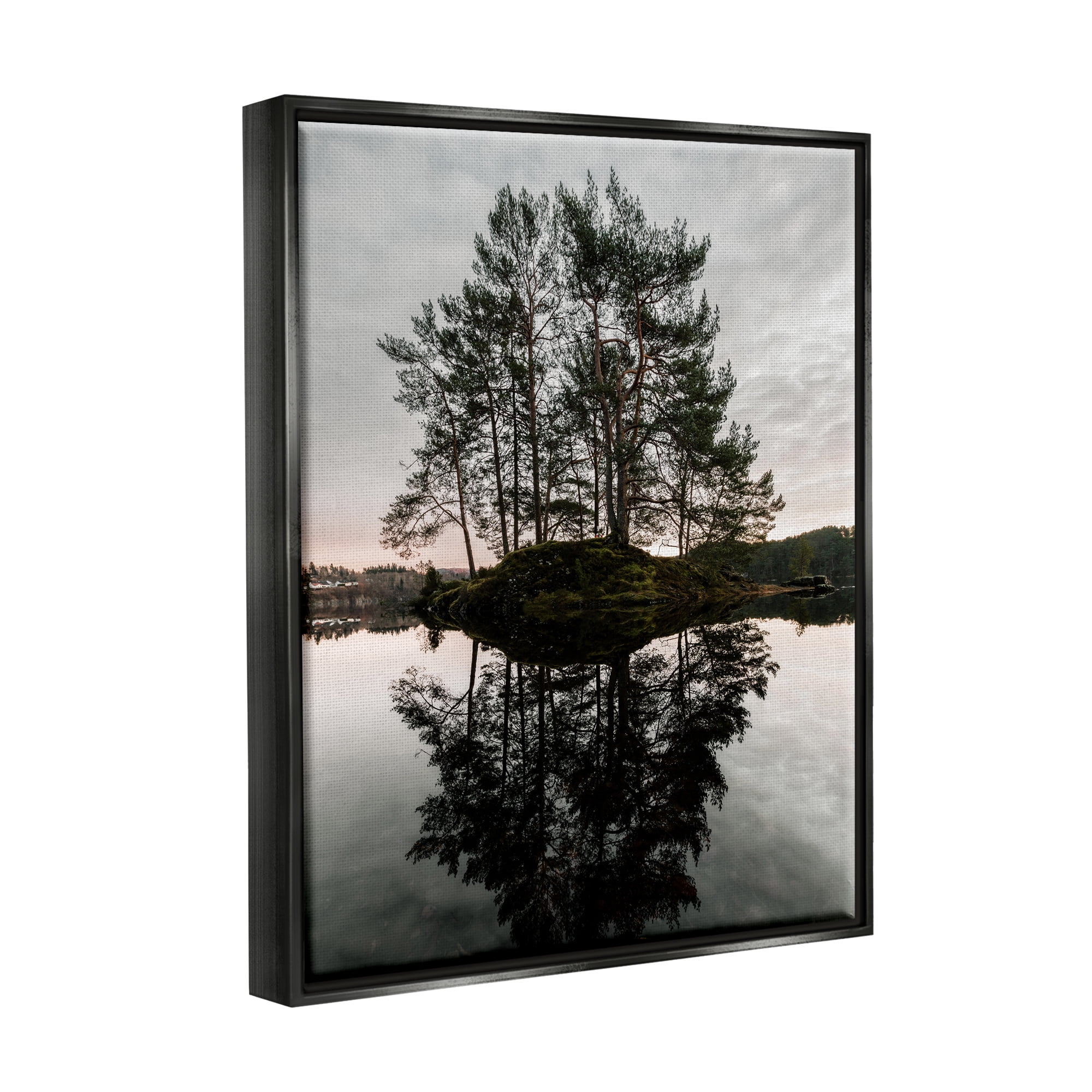 Stupell Industries Tree on Lake Landscape Nature Photography Black Floater Framed Art Print Wall Art, 17 x 21