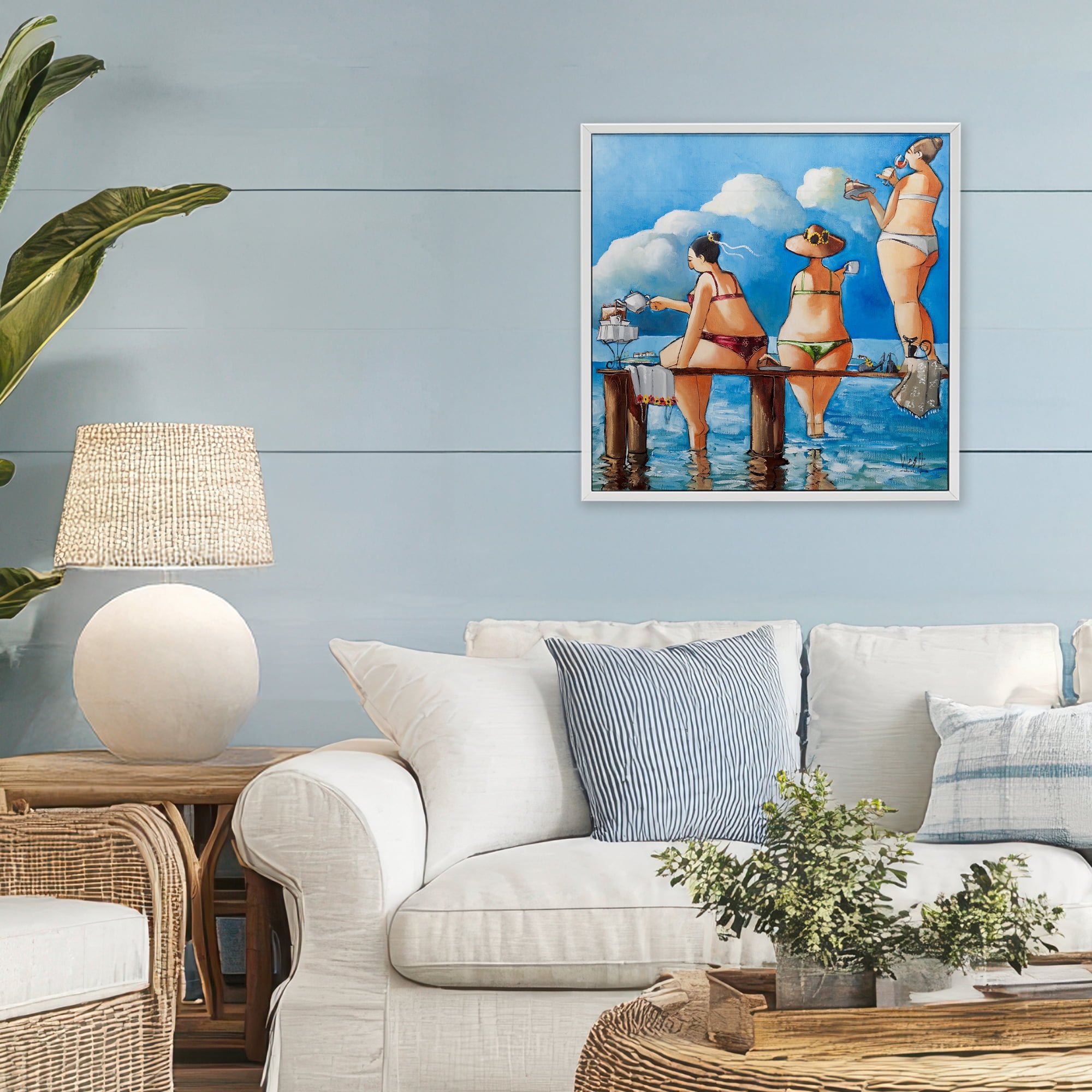 Tea Break On The Jetty White Framed Giclee Art, design by Ronald West