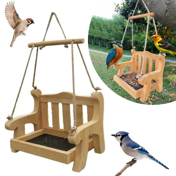 Falleo Clearance Bird Feeder Swing Hanging Bird Feeder Wooden Chair Shape Swing Bird Feeder for Windowsill Tree