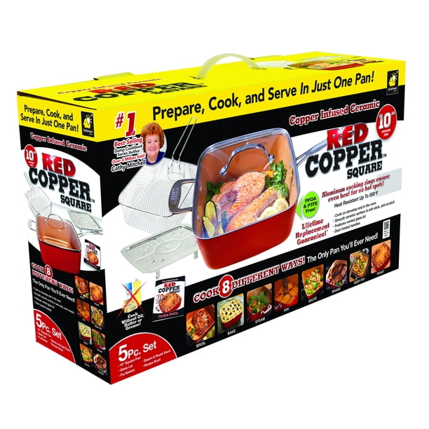 Red Copper 5 Piece Pan Set, Deep Square 10 in. Pan with Lid and Fry