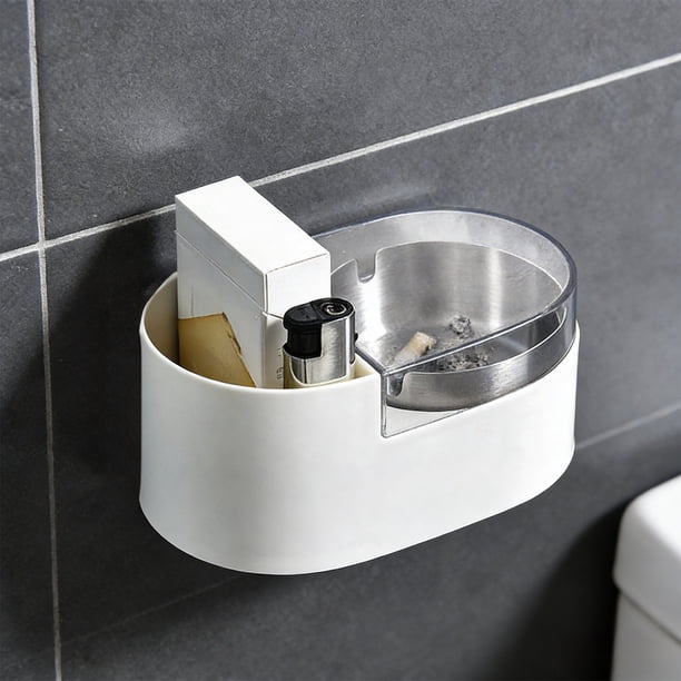 Cenicero de Pared con Tapa, Revestimiento Desmontable de Acero Inoxidable, Cuerpo de Plástico, Instalación sin Taladros para Baño Cocina Oficina, 14x9x6.5cm