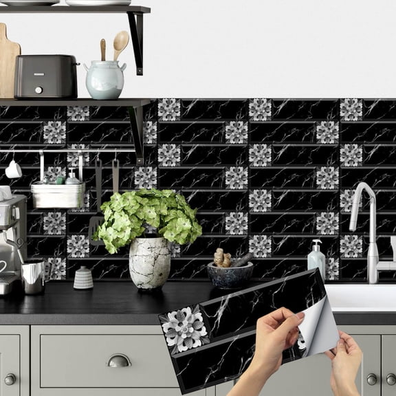 6Pcs Self Adhesive DIY Tile Stickers 11.8x5.9inch Black Marbling and Gray Flowers Decor Wall Decals Peel and Stick Backsplash Waterproof Wallpaper
