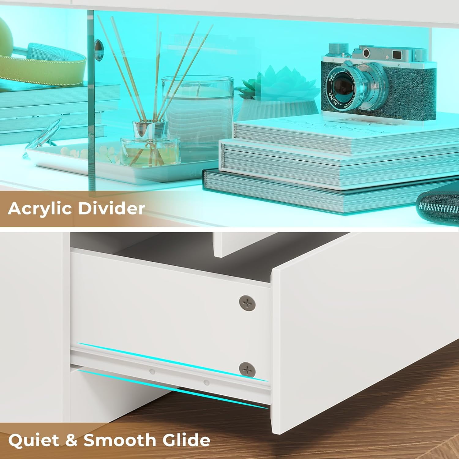 8 Drawers Dresser with Light, Wooden Chest of Drawers with Open Compartment,Modern Wide LED Dresser for Bedroom Living Room,White