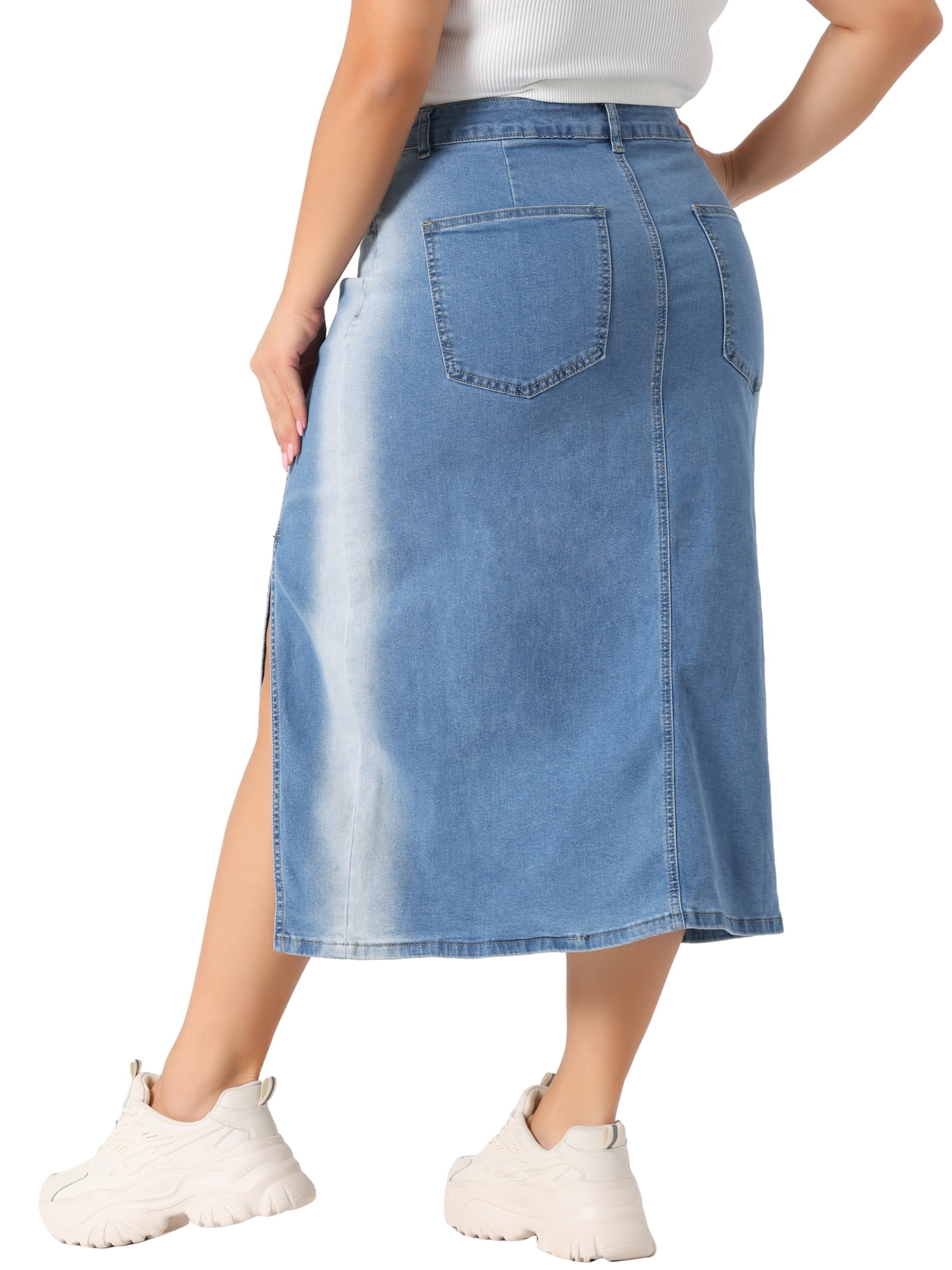DARING DIVA Women's Plus Side Slit Button with Pocket Jean Denim Skirts 2X Light Blue
