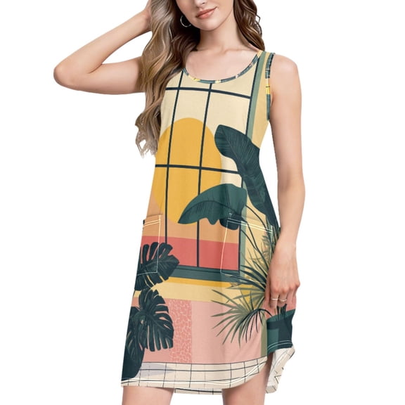 FORMRS Summer Dress for Women Loose U Neck Sleeveless Midi Beach Sundresses with Pockets, Pink Sunset
