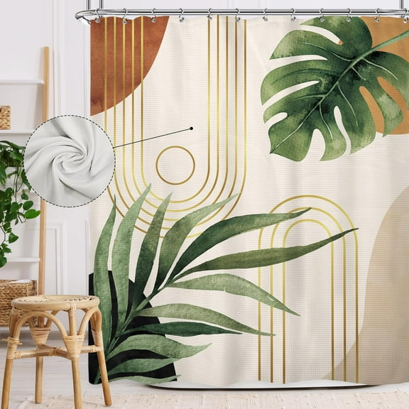 Waffle Boho Green Shower Curtain Thick Weighted Heavy Duty Abstract Mid Century Tropical Palm Leaf Modern Bathroom 72Wx72L Inches Bath Accessories Art Home Decor Fabric 12 Pack Hooks