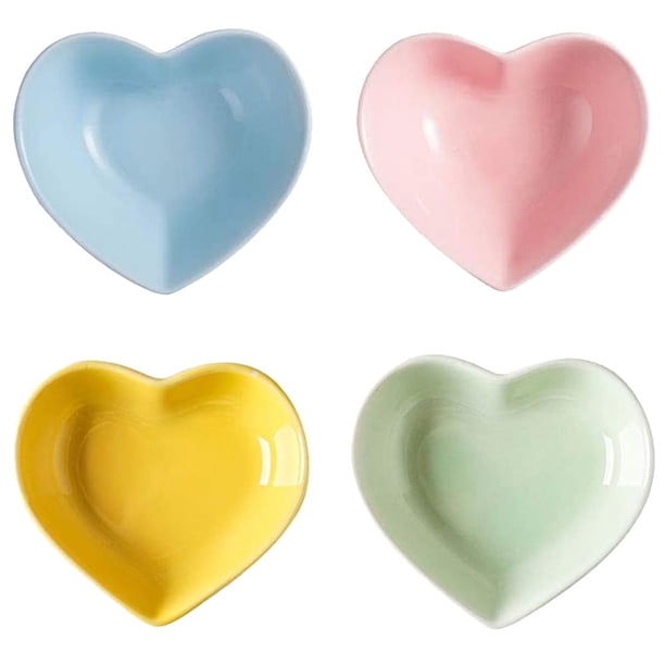 4 platos de cerámica para condimentos, cuencos de cerámica para mojar, cuencos de especias con forma de corazón, cuencos para condimentos.