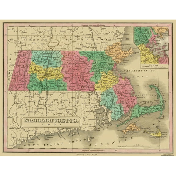 Historic State Map - Massachusetts - Finley 1831 - Vintage Wall Art