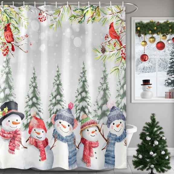 Christmas Snowman Shower Curtains for Bathroom, Winter Snowflakes Cardinal Bird Gray Waterproof Fabric Shower Curtain for Bathroom Bathtub Decoration, Machine Washable, 54x"78"