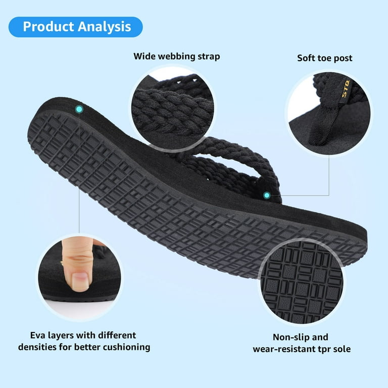  STQ Womens Flips Flops with Yoga Mat Quick Dry Thong Sandals  for Water,Shower,Vacation All Black US 6