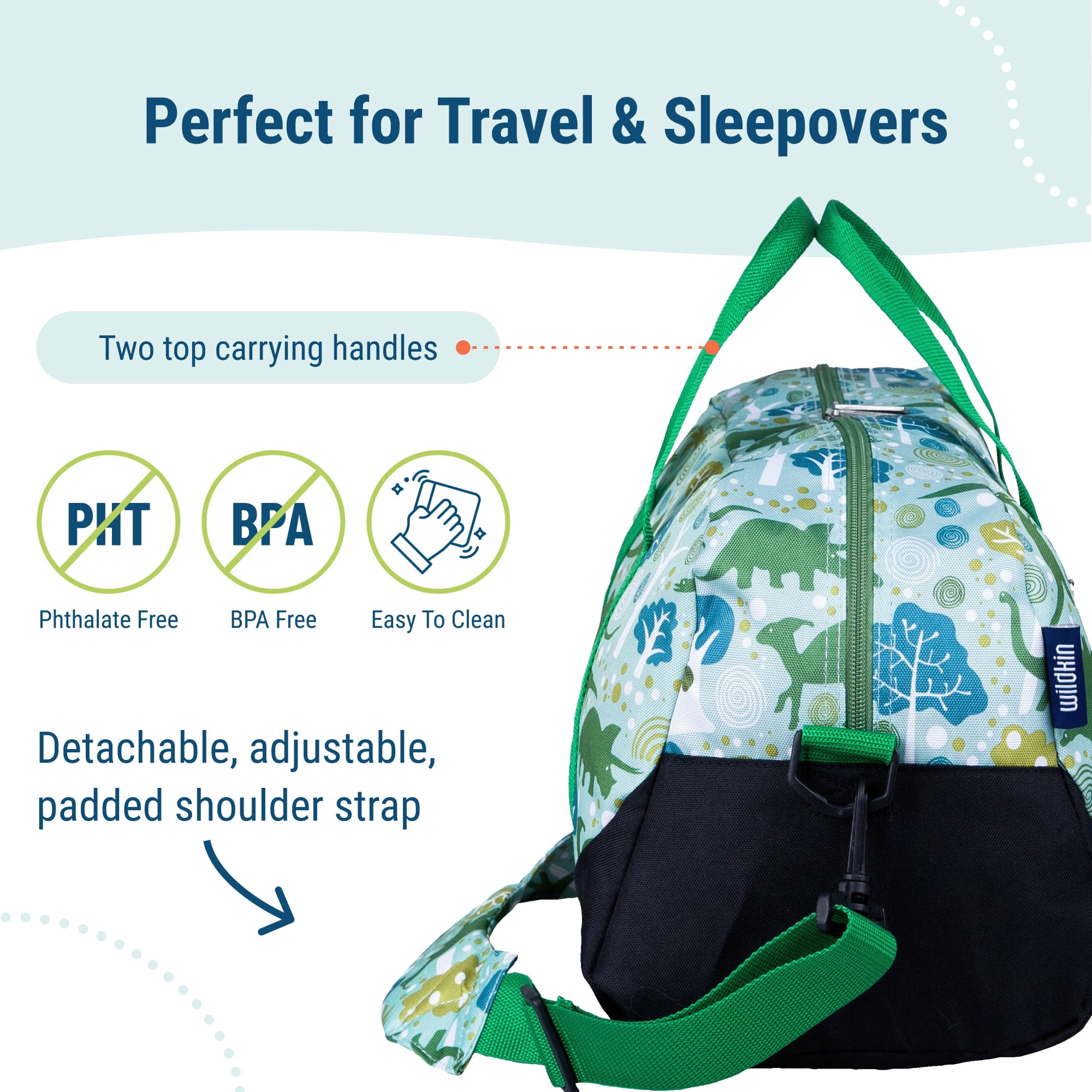 Wildkin Kids Overnighter Duffel Bag for Boys & Girls, Features Two Carrying Handles and Removable Padded Shoulder Strap, BPA & Phthalate Free (Dinomite Dinosaurs Green)