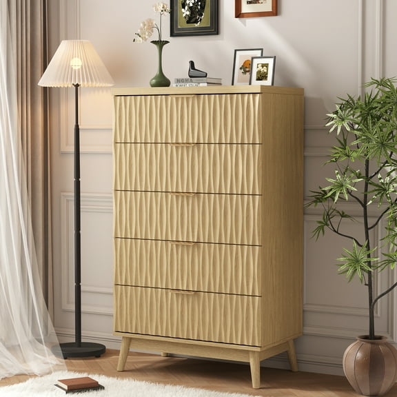 5 Drawers Fluted Dresser for Bedroom, 47" H Modern Chest of Drawers with Elegant Wave Design, Wooden Tall Dresser Closet Clothes Storage Organizer with Metal Handle for Living Room, Hallway, Entryway