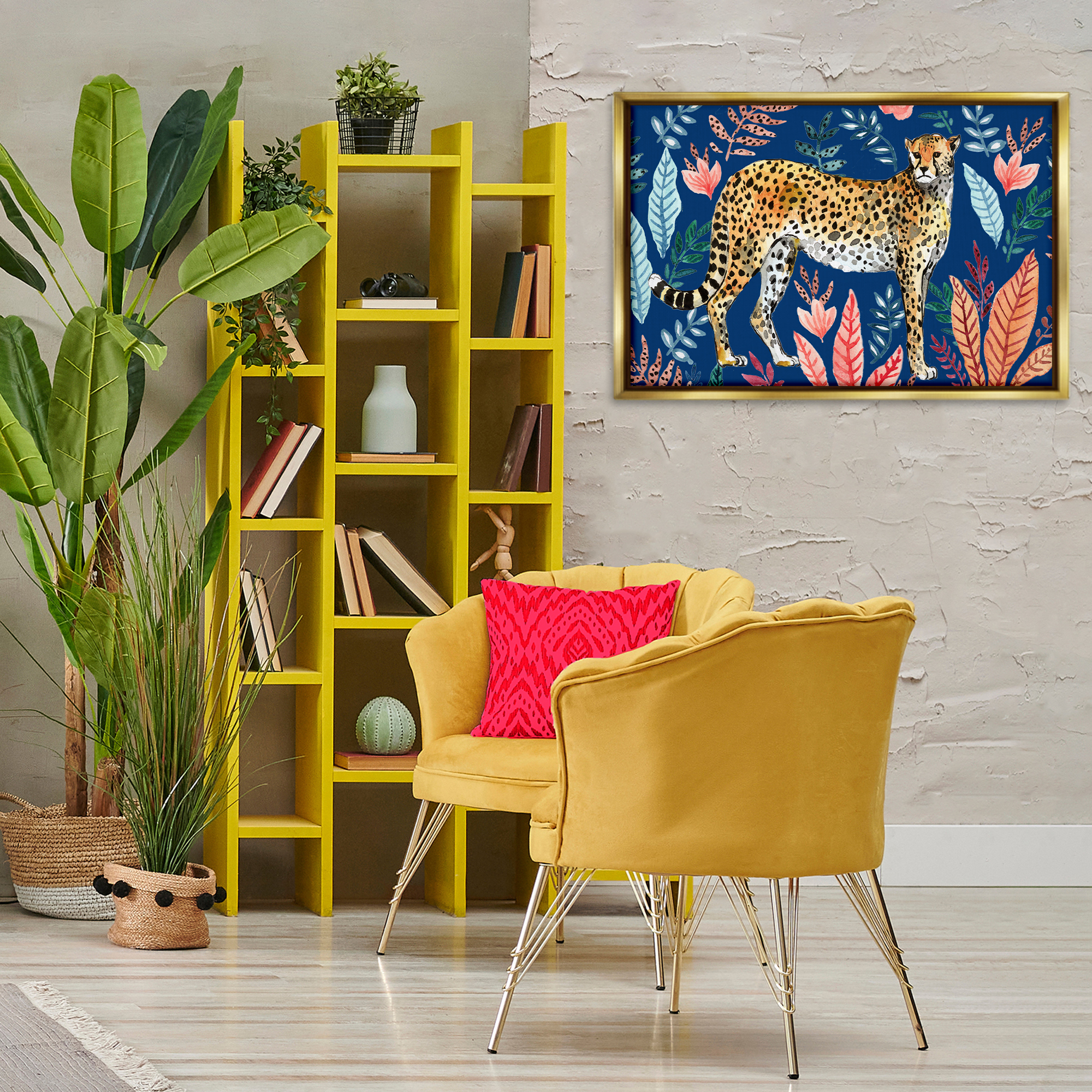 Stupell Industries Jungle Plants & Cheetah Animals Painting Gold Floater Framed Canvas Art Print Wall Art, 31 x 21