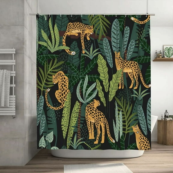 Leopard Shower Curtain 72x72 Inch Jungle Animal Tropical Leaves Decoration Trendy Style Yellow Green Bathtub Decorative Fabric Polyester Waterproof Shower Curtain