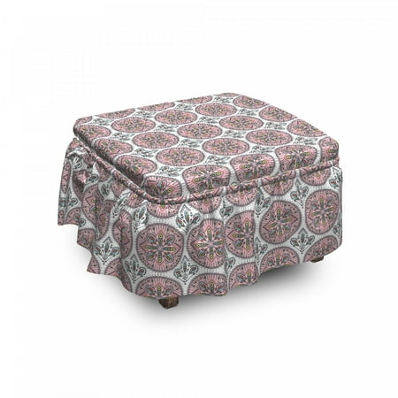 Abstract Ottoman Cover  Boho Style Medallion Art  2 Piece Slipcover Set with Ruffle Skirt for Square Round Cube Footstool Decorative Home Accent  Standard Size  Rose and Multicolor  by Ambesonne