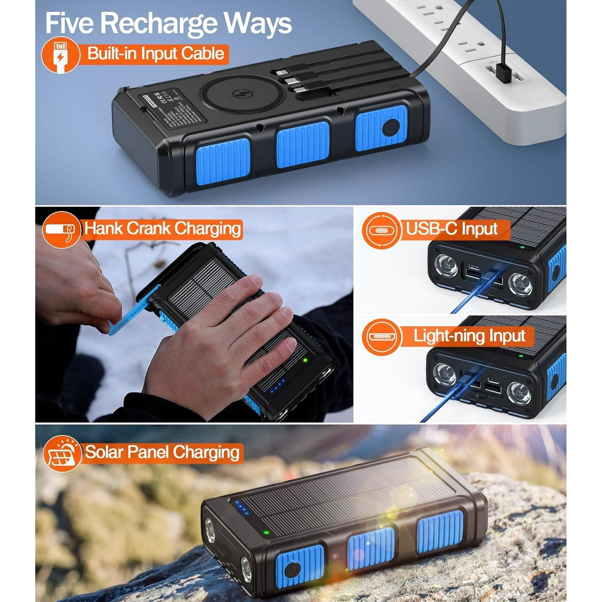 45800mAh Solar Power Bank 15W with Hand Crank & Cables & Wireless Charger, Solar Charger Compatible for iPhone, Android Phone