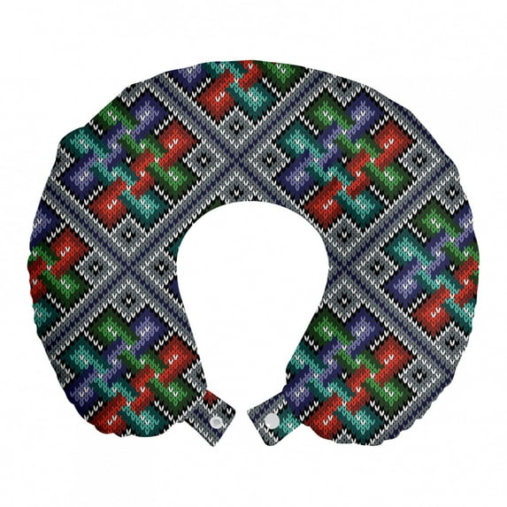 Ethnic Travel Pillow Neck Rest, Traditional Folk Pattern in Knitting Form South American Ecuador Geometric Tropical, Memory Foam Traveling Accessory Airplane and Car, 12", Multicolor, by Ambesonne