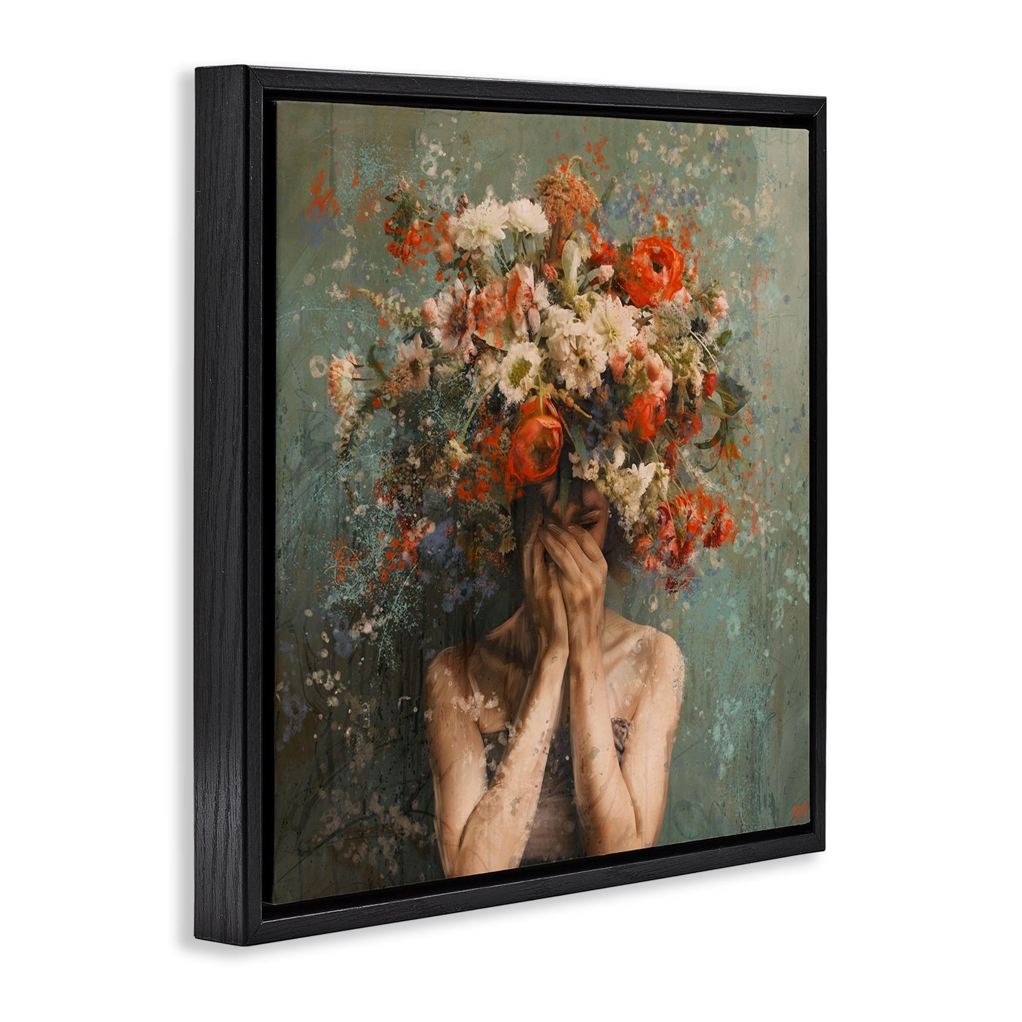 Stupell Industries Floral Figure Portrait Floral & Botanical Painting Black Floater Framed Canvas Art Print Wall Art, 25 x 25