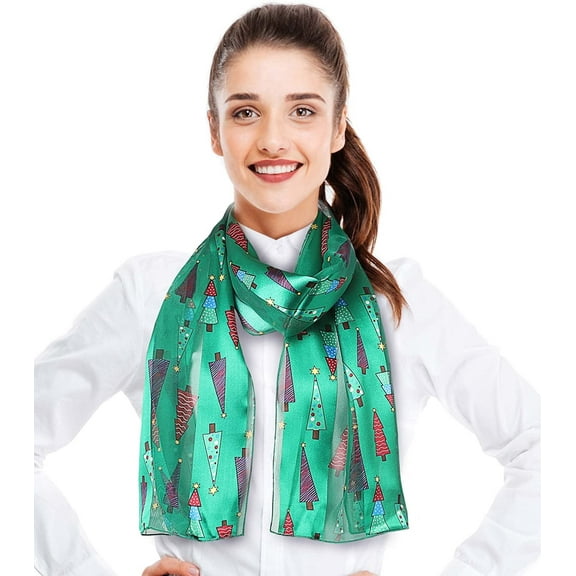 CBC Crown Women's Lightweight Christmas Trees Printed Christmas Themed Silk Feeling 13" x 60" Scarf