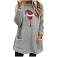 thumbnail image 1 of Pisexur Fuzzy Chandails de Noël pour Femmes Doublés en Molleton à Manches Longues à Col Rond Chandail d'Hiver Chaud Imprimé Verres de Vin Rouge Chandail de Noël à Enfiler Hauts avec Poches, 1 of 4