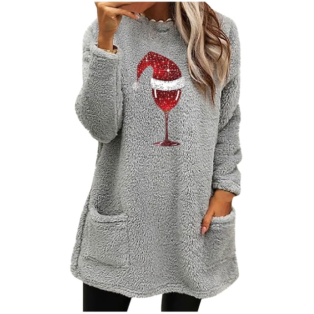 Pisexur Fuzzy Chandails de Noël pour Femmes Doublés en Molleton à Manches Longues à Col Rond Chandail d'Hiver Chaud Imprimé Verres de Vin Rouge Chandail de Noël à Enfiler Hauts avec Poches