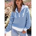 thumbnail image 2 of Women Striped Half Zip Long Sleeve Ribbed Knit Pullover Comfy Casual Light-Weight Tops Fall Fashion Blue XL, 2 of 8
