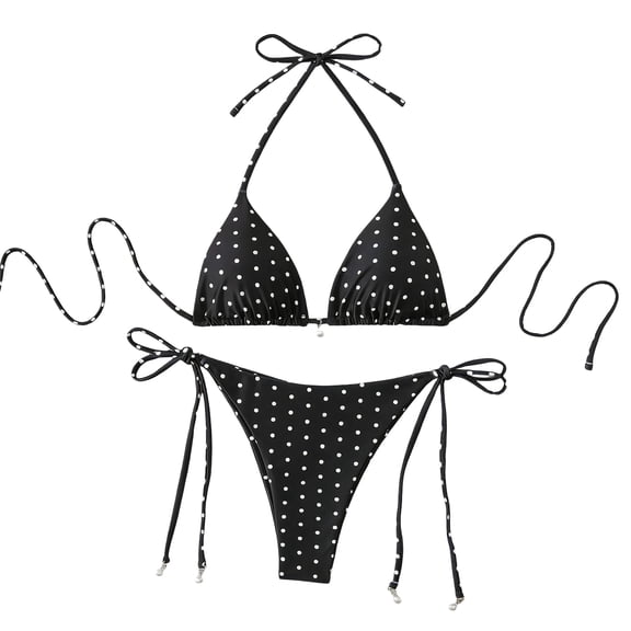 Women's Polka Dots Print Bathing Suit Halter Triangle Tie Side Bikini Sets Two Piece Swimsuit (Black,L)