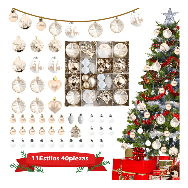 44pzas Esferas Navideñas De Plastico Decoración Arbol Navida Xtellar blanco