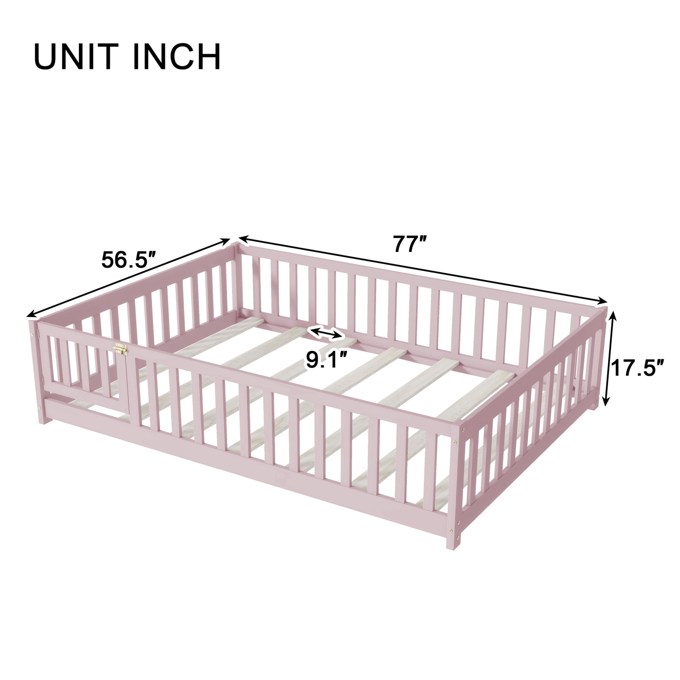 Noble House Mira Full Floor Bed with Fence and Door, Sturdy Rubber Wood Montessori Bed Frame, Kid's Room, Pink