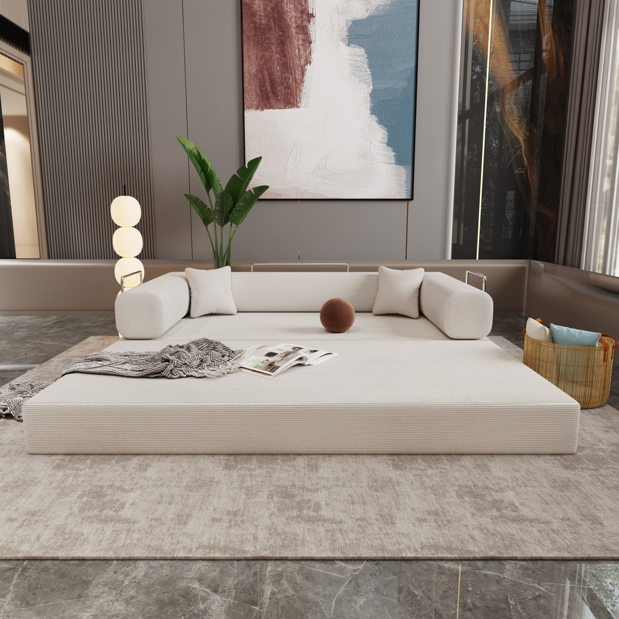 Convertible Floor Sofa Bed, Foldable Mattress Cloud Couch with Pillow Back & Armrest, Corduroy Sleeper Sofa Bed with Fixed-Shape Frame, Compressed Couch for Living Room Bedroom,Beige