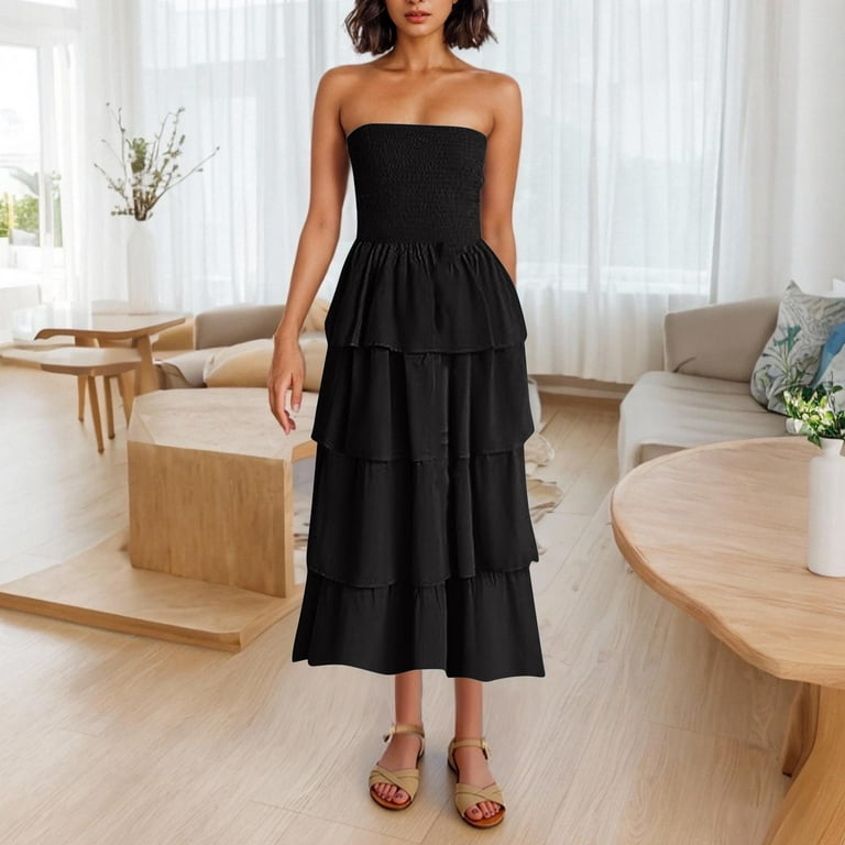 Odbmxy Bandeau Women's Midi Dresses Sleeveless Women Dresses Peplum Tunic  Loose Black A-Line Solid Color Party Dress - Walmart.com