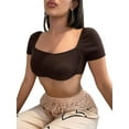 thumbnail image 2 of hirigin Women Summer Midriff-baring T-shirt Tops, Leisure Style Slim Backless Solid Color Square Collar Short Sleeve Crop Top, 2 of 6