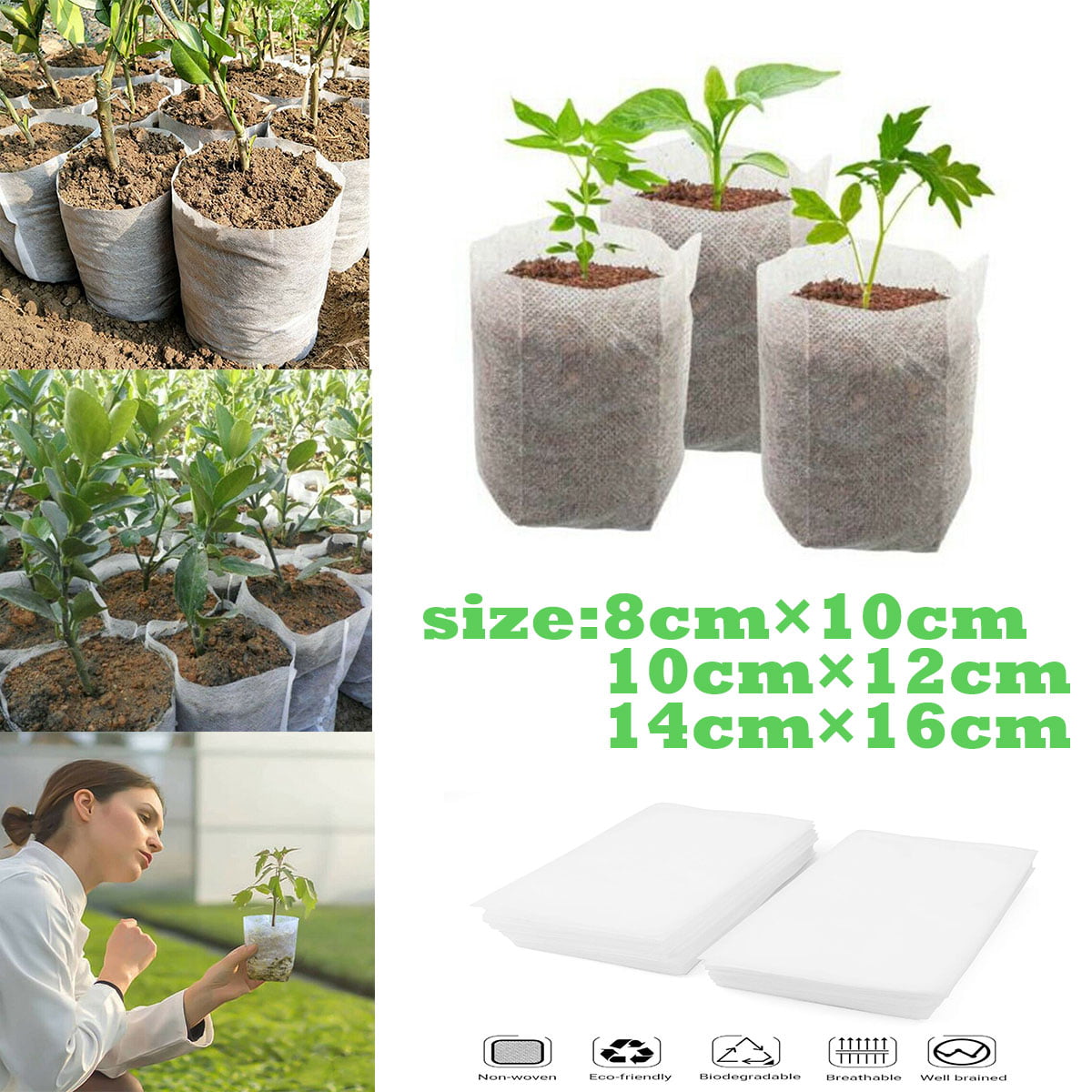 100Pcs Biodegradable Nonwoven Nursery Plant Grow Bags Seedling Planting Pots