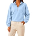 thumbnail image 3 of Liweisiy Women's Half Zip Stand Collar Sweatshirt Drop Shoulder Long Sleeve Solid Color Shirts With Pocket Casual Cropped Pullover Tops Light Blue 2XL, 3 of 5