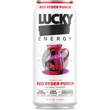 Lucky Energy Sugar Free Energy Drinks 16 fl oz Can, Red Ryder Punch with Maca, Ginseng, Taurine, Beta-Alanine, 200mg Caffeine, Zero Calories